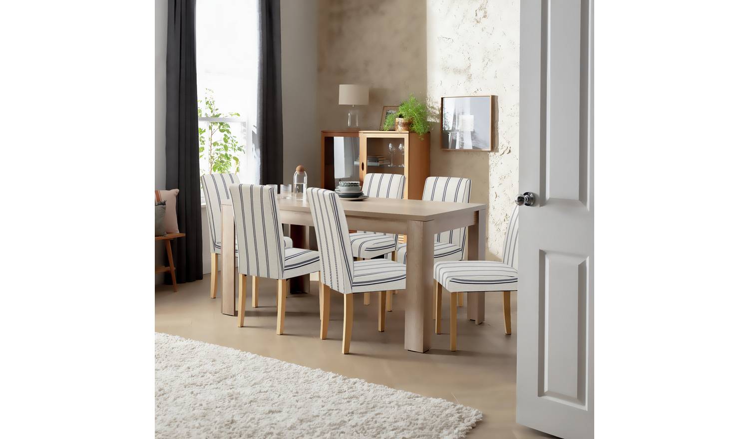 Argos Home Preston Oak Dining Table & 6 Stripe White Chairs