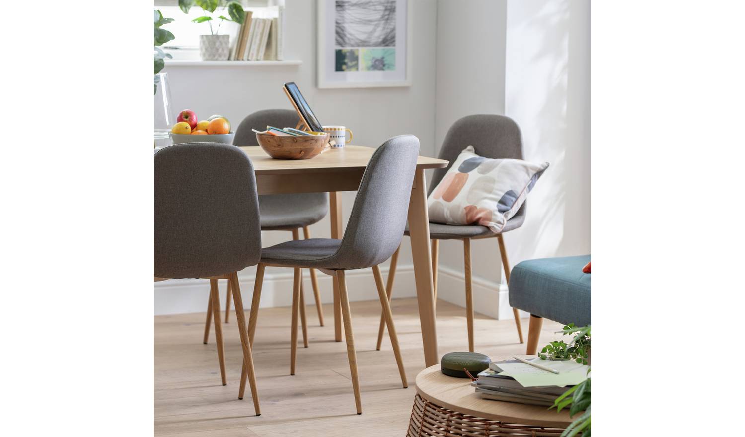 Habitat Skandi Oak Dining Table & 4 Grey Chairs
