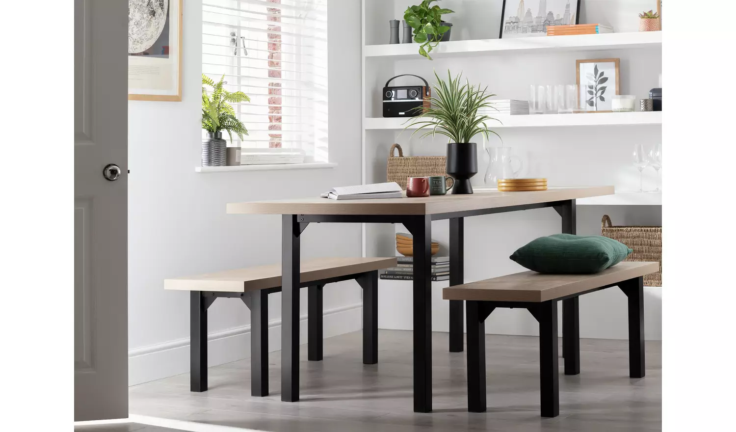 Habitat Zayn Non-Extend Birch Dining Table & 2 Birch Benches