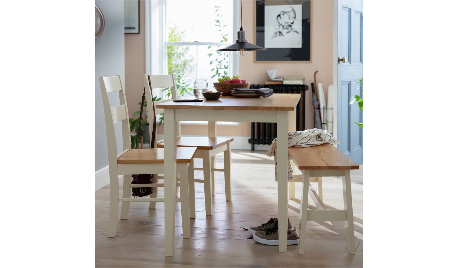 Argos Home Chicago White Dining Table, Bench &2 White Chairs