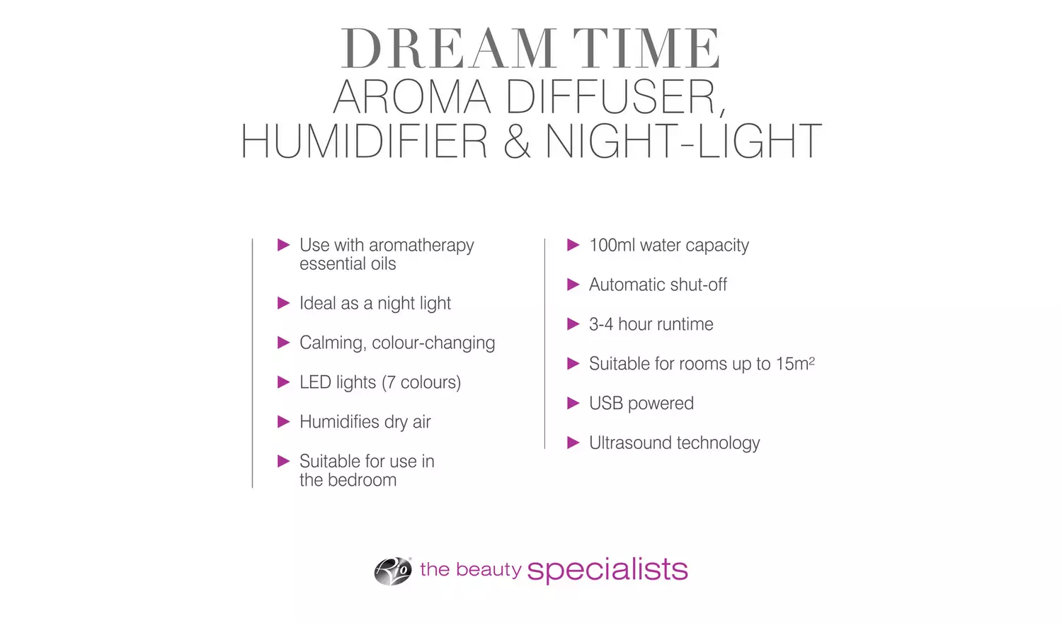 Rio Dream Time Aroma Diffuser, Humidifier and Night Light