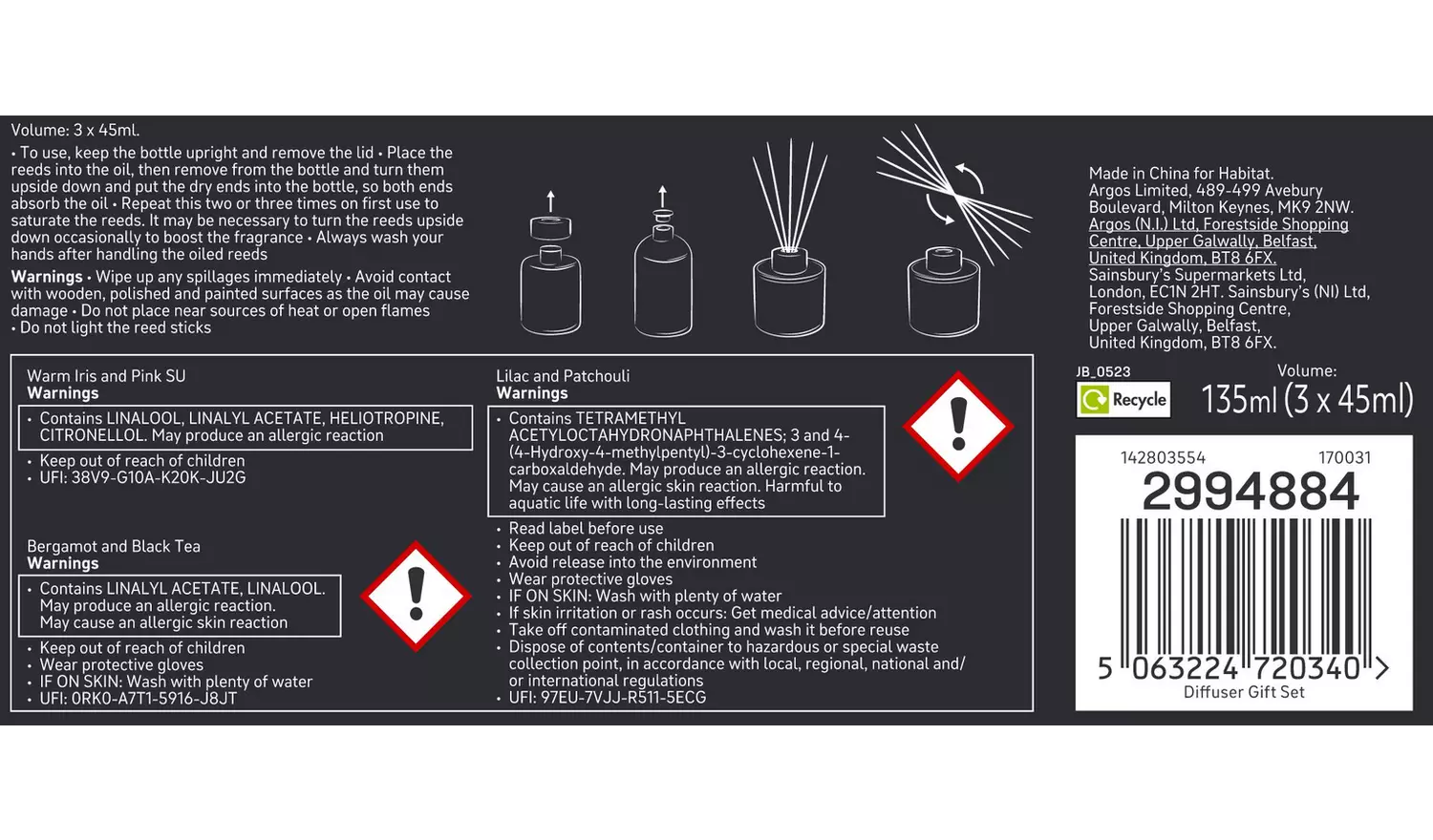 Argos Home 45ml Diffuser Set - Black Tea, Amber & Warm Iris