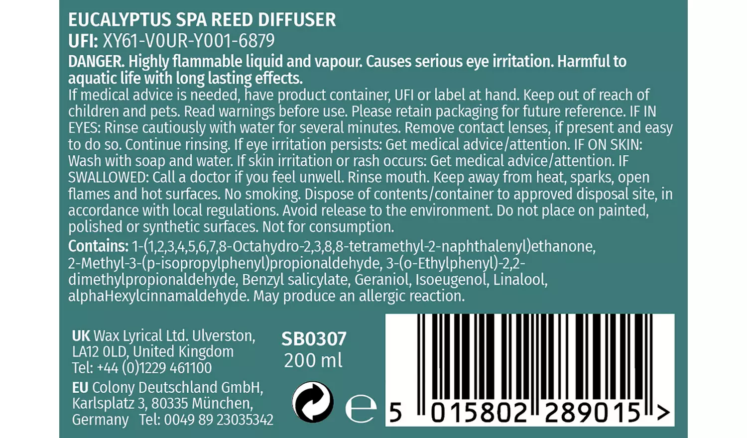 Wax Lyrical 200ml Reed Diffuser Refill - Eucalyptus Spa