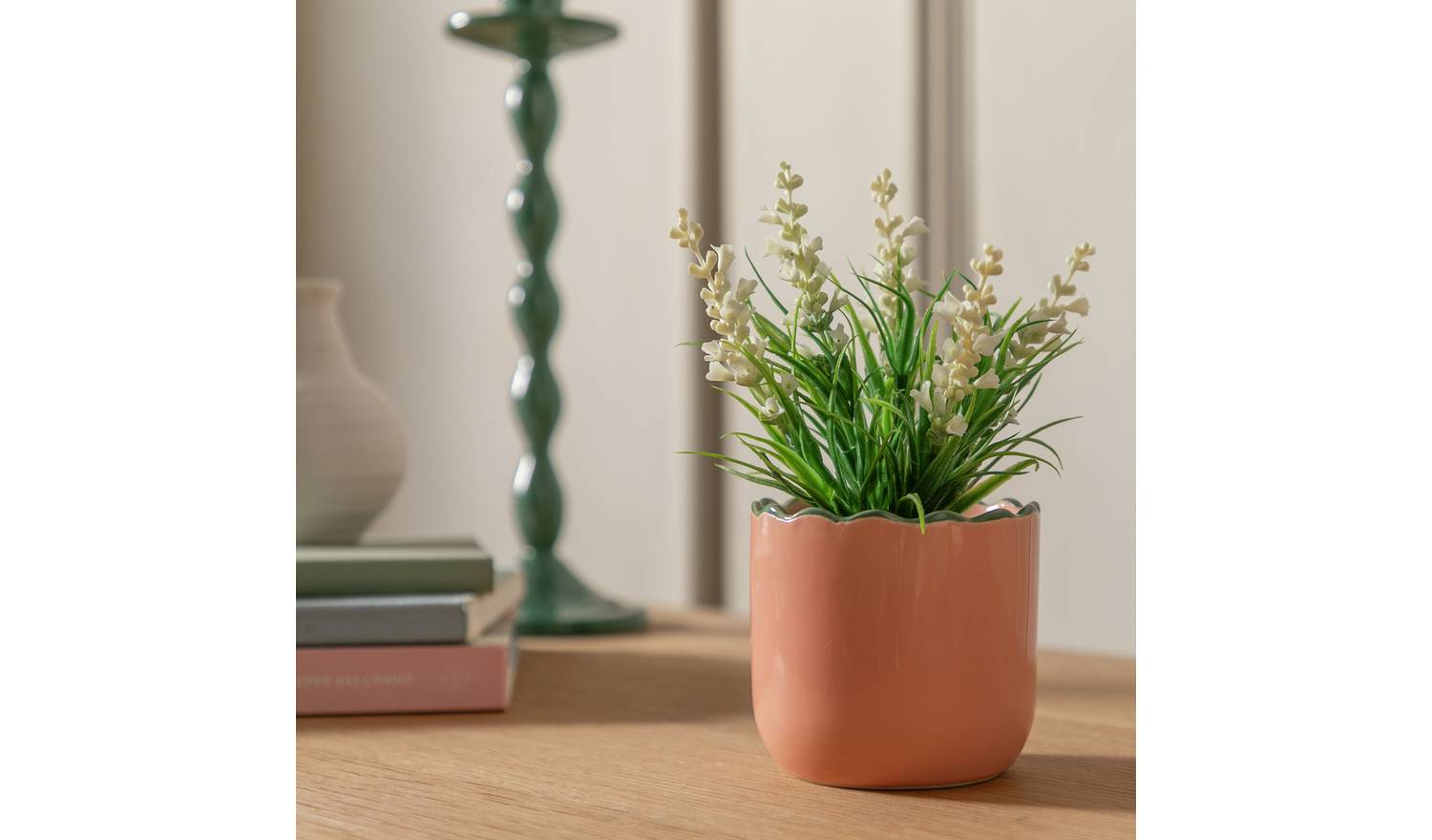 Habitat Artificial White Lavender in Wavy Pink Pot