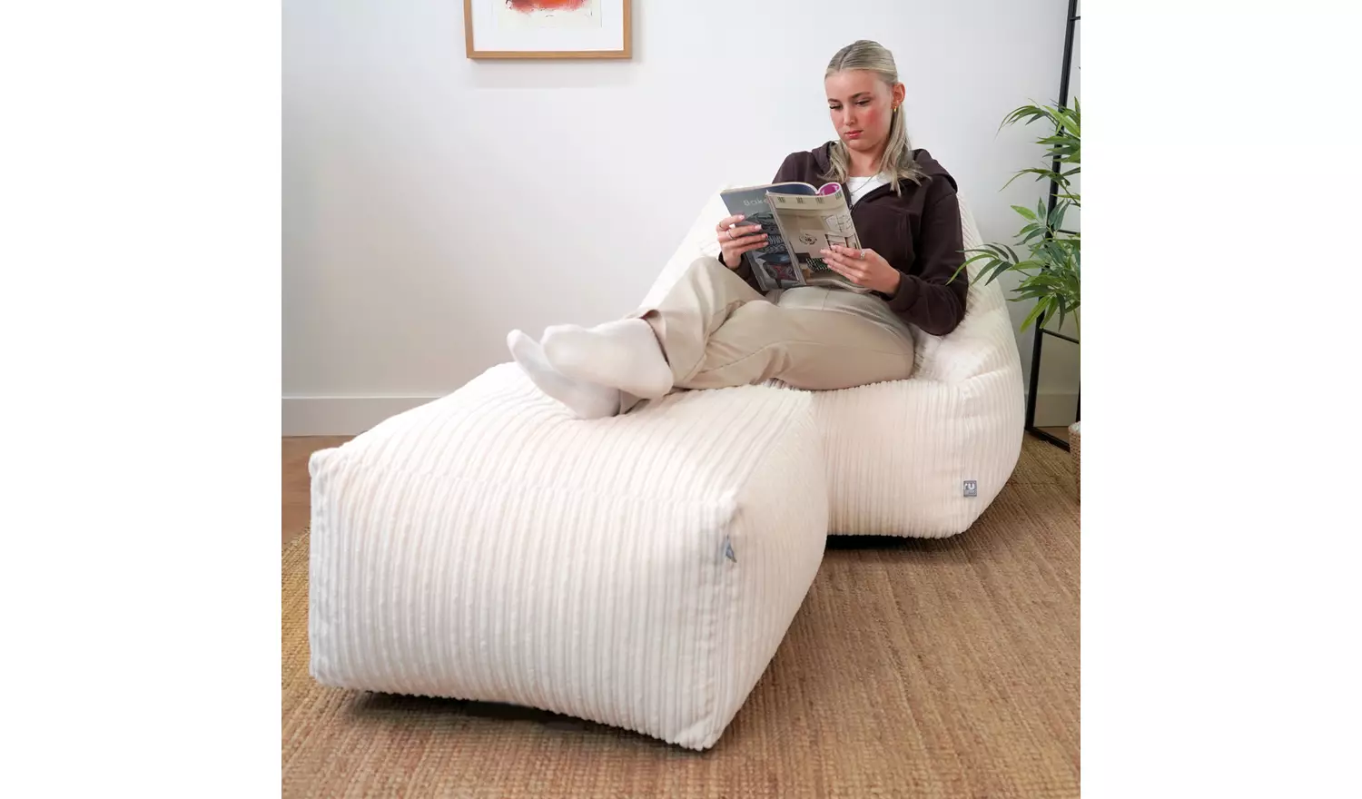 rucomfy Fabric Jumbo Cord Snuggle Chair Beanbag - Ivory