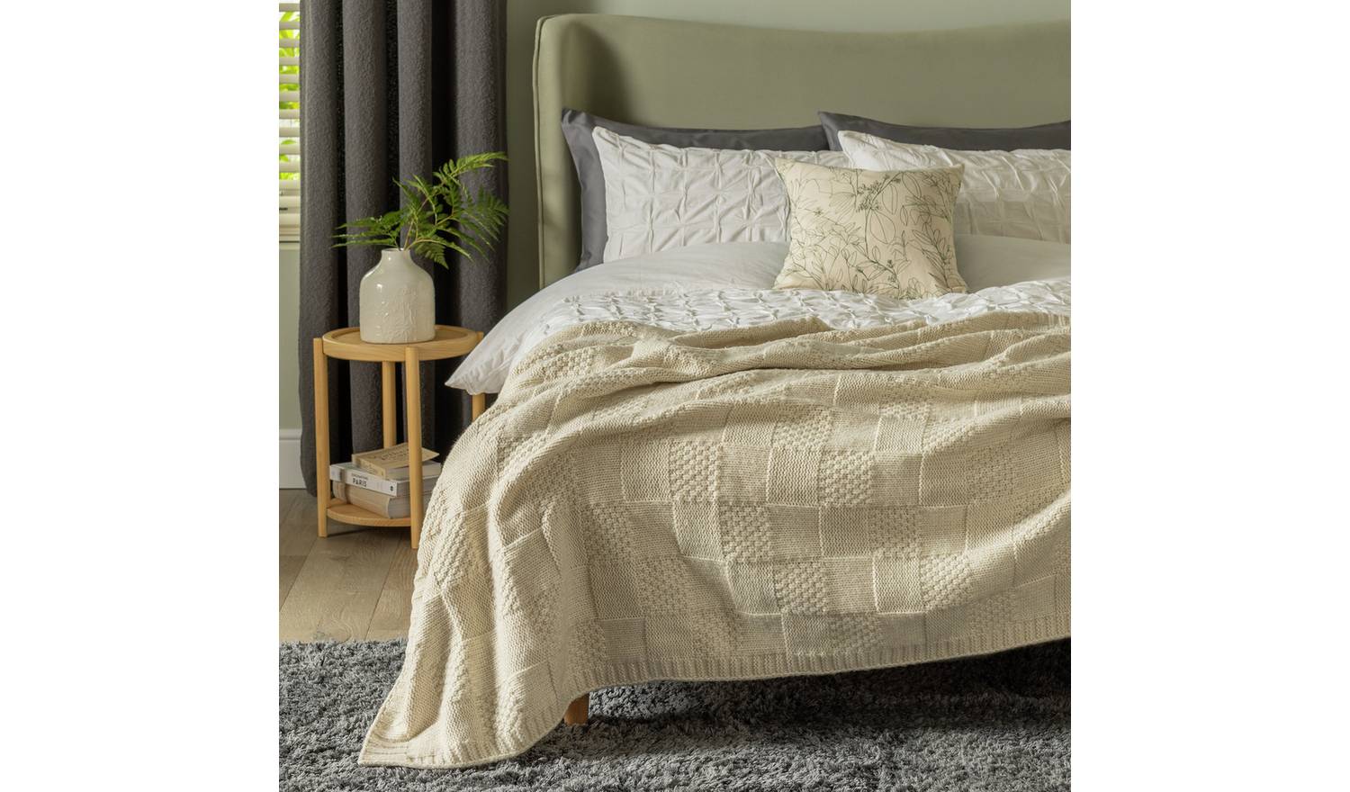 Habitat Knitted Check Throw - Oatmeal - 125x150cm