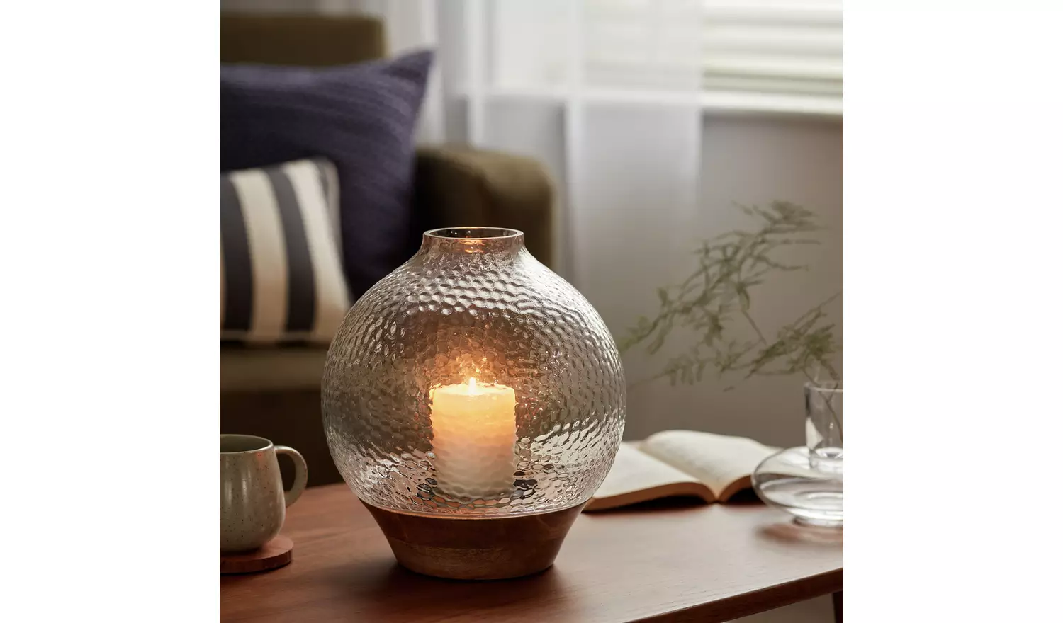 Habitat Hammered Wooden Base Hurricane Candle Holder