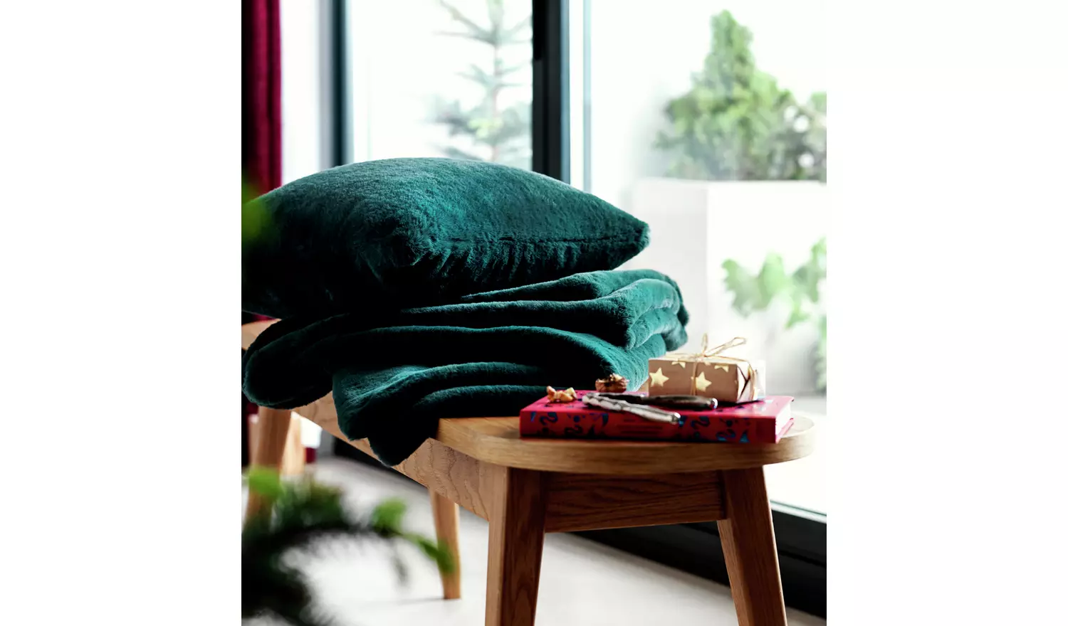 Habitat Plain Faux Fur Cushion - Emerald Green - 43x43cm