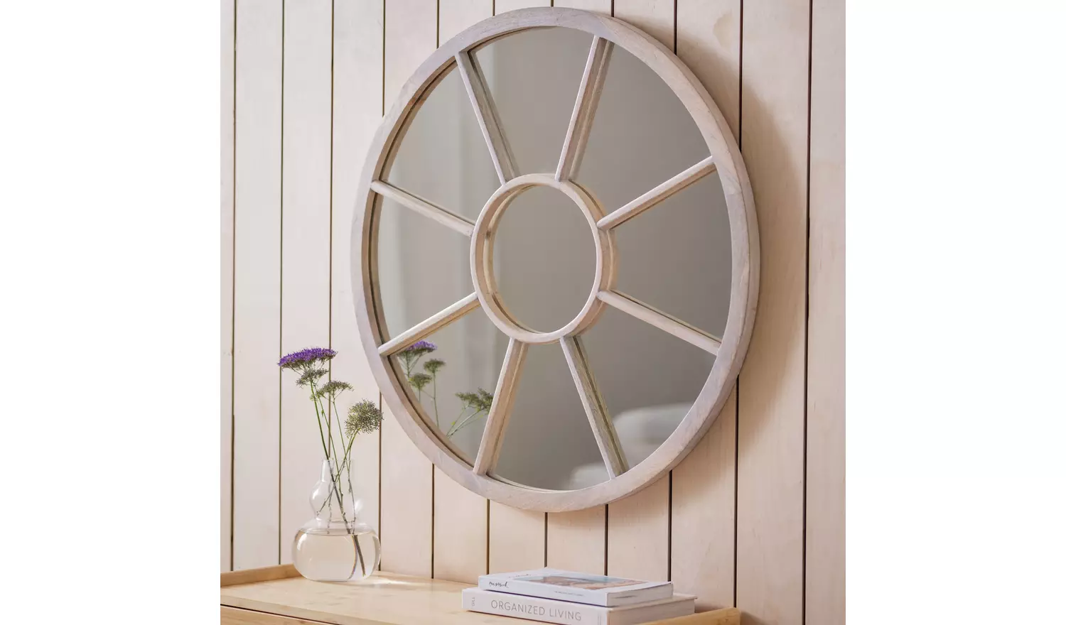 Habitat White Wood Stain Window Round Wall Mirror - 70x70cm