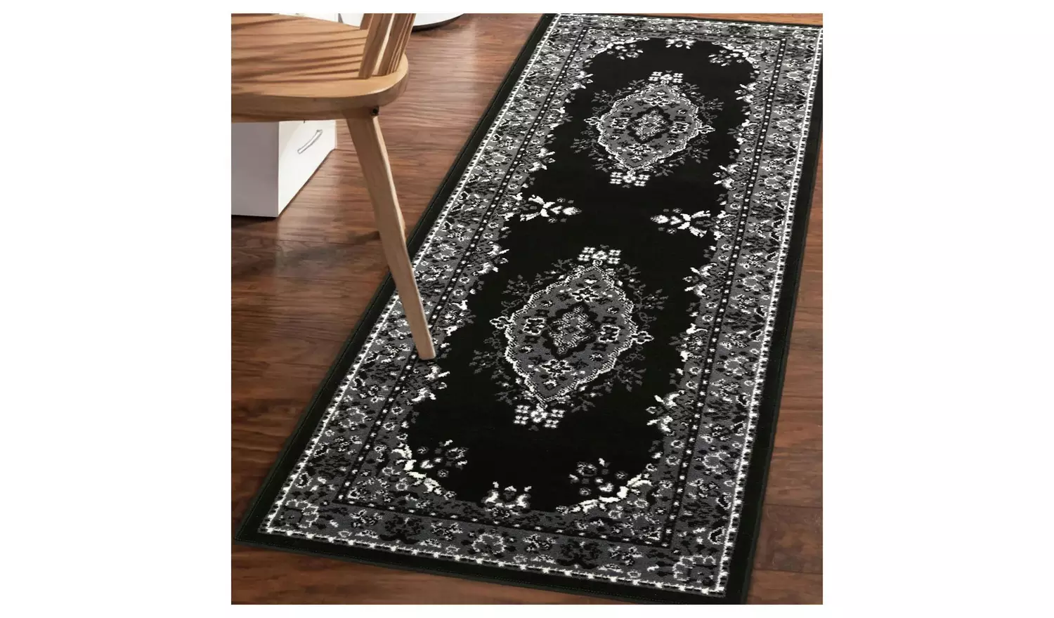 Homemaker Bukhura Traditional Black Cut Pile Runner-200x67cm