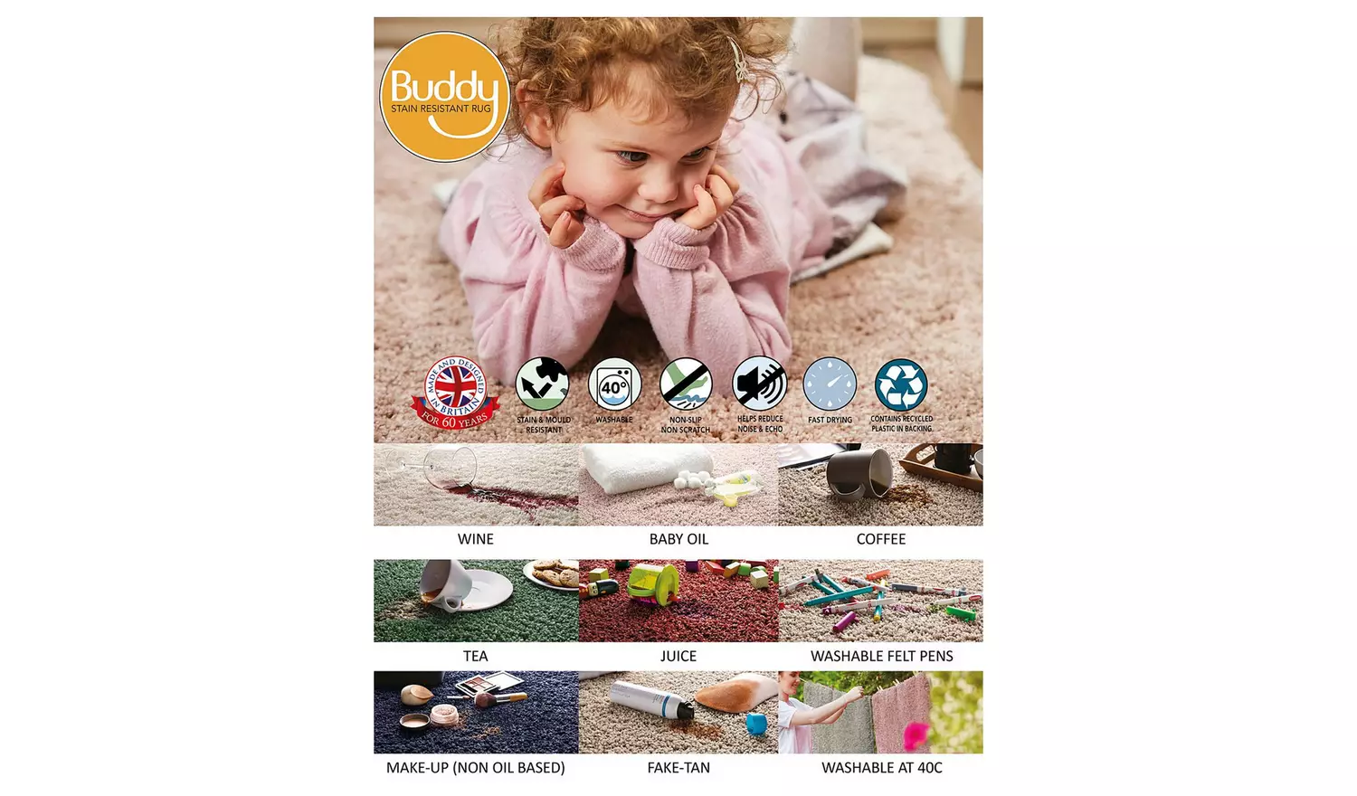 Buddy Washable Mat Plain Round Stone Cut Pile Rug - 100cm