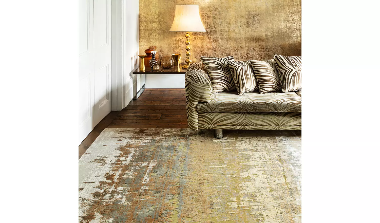 Asiatic Aurora Shiny Abstract Gold Cut Pile Rug - 230x160cm