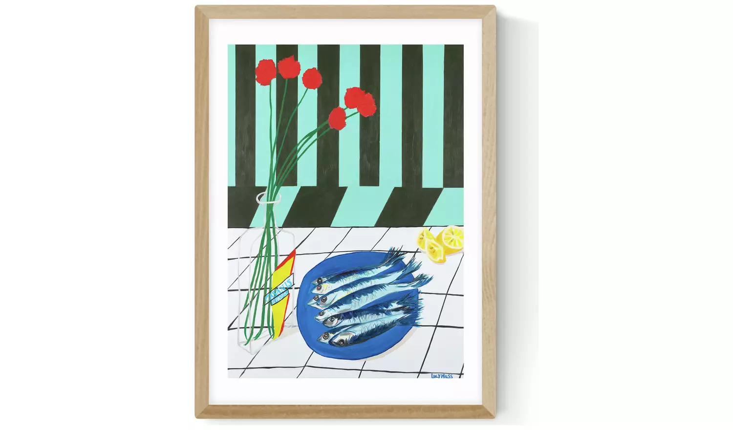 East End Prints Striped Sardines Oak Frame Art Print- A3