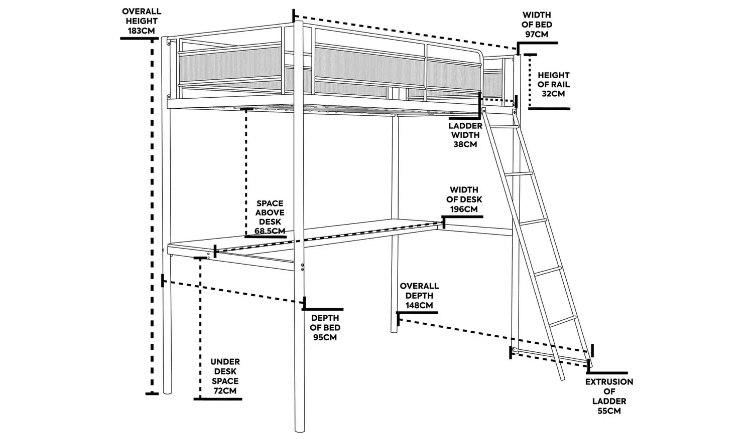 X Rocker HQ RGB LED Gaming High Sleeper Bed with Desk- Black