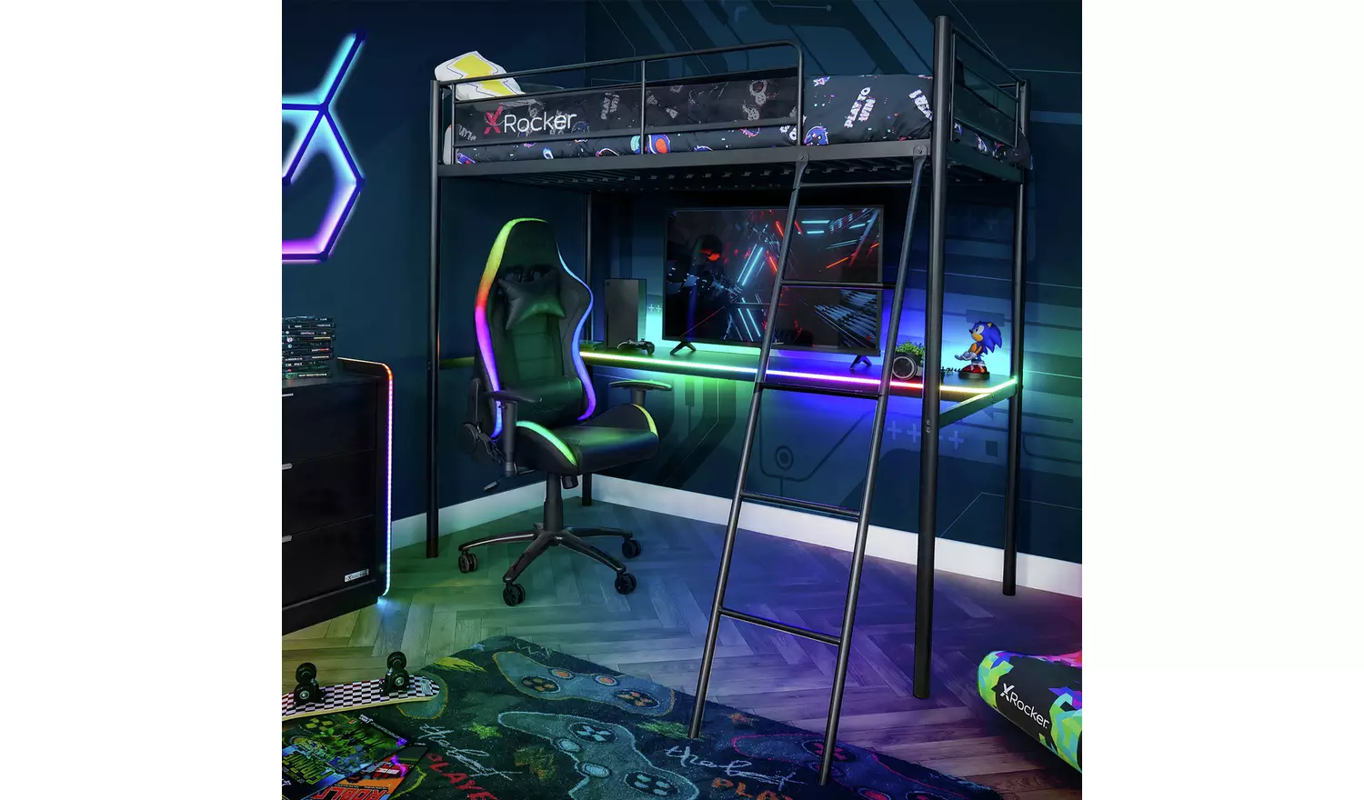 X Rocker HQ RGB LED Gaming High Sleeper Bed with Desk- Black