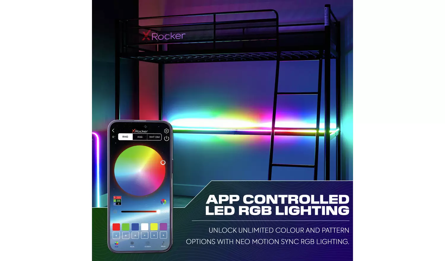 X Rocker HQ RGB LED Gaming High Sleeper Bed with Desk- Black