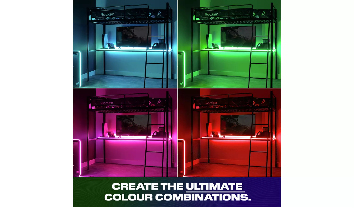 X Rocker HQ RGB LED Gaming High Sleeper Bed with Desk- Black