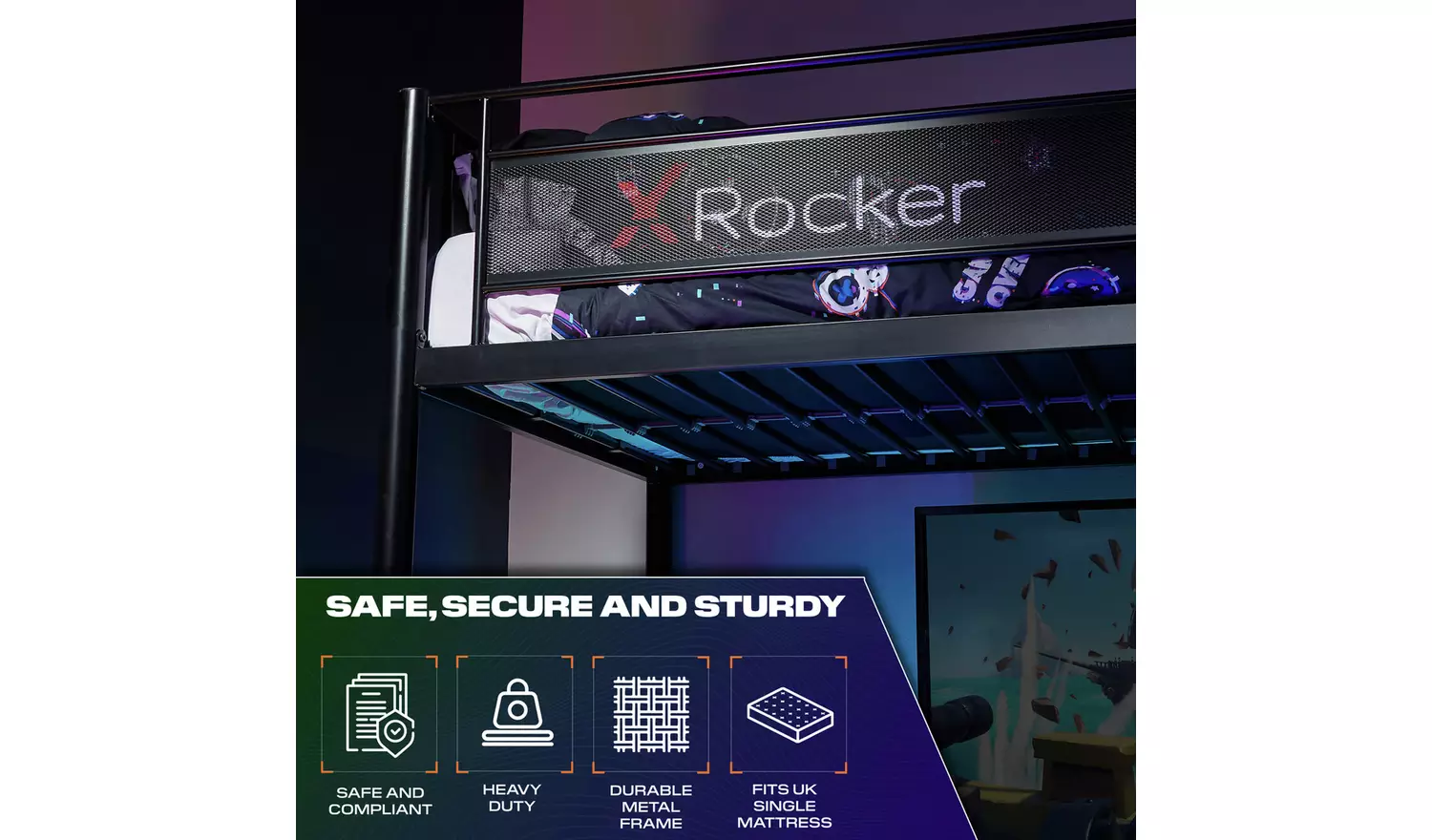 X Rocker HQ RGB LED Gaming High Sleeper Bed with Desk- Black