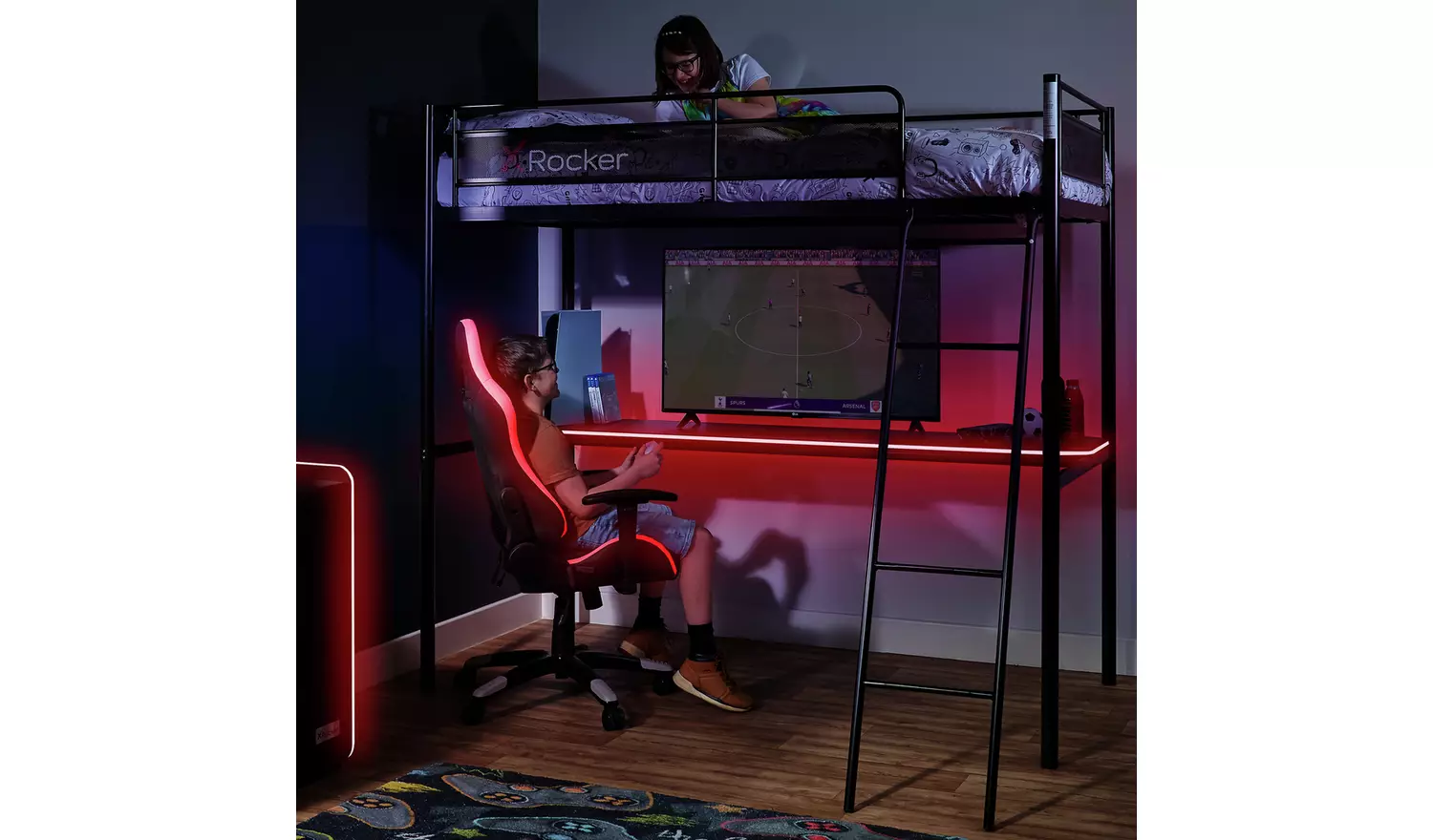 X Rocker HQ RGB LED Gaming High Sleeper Bed with Desk- Black
