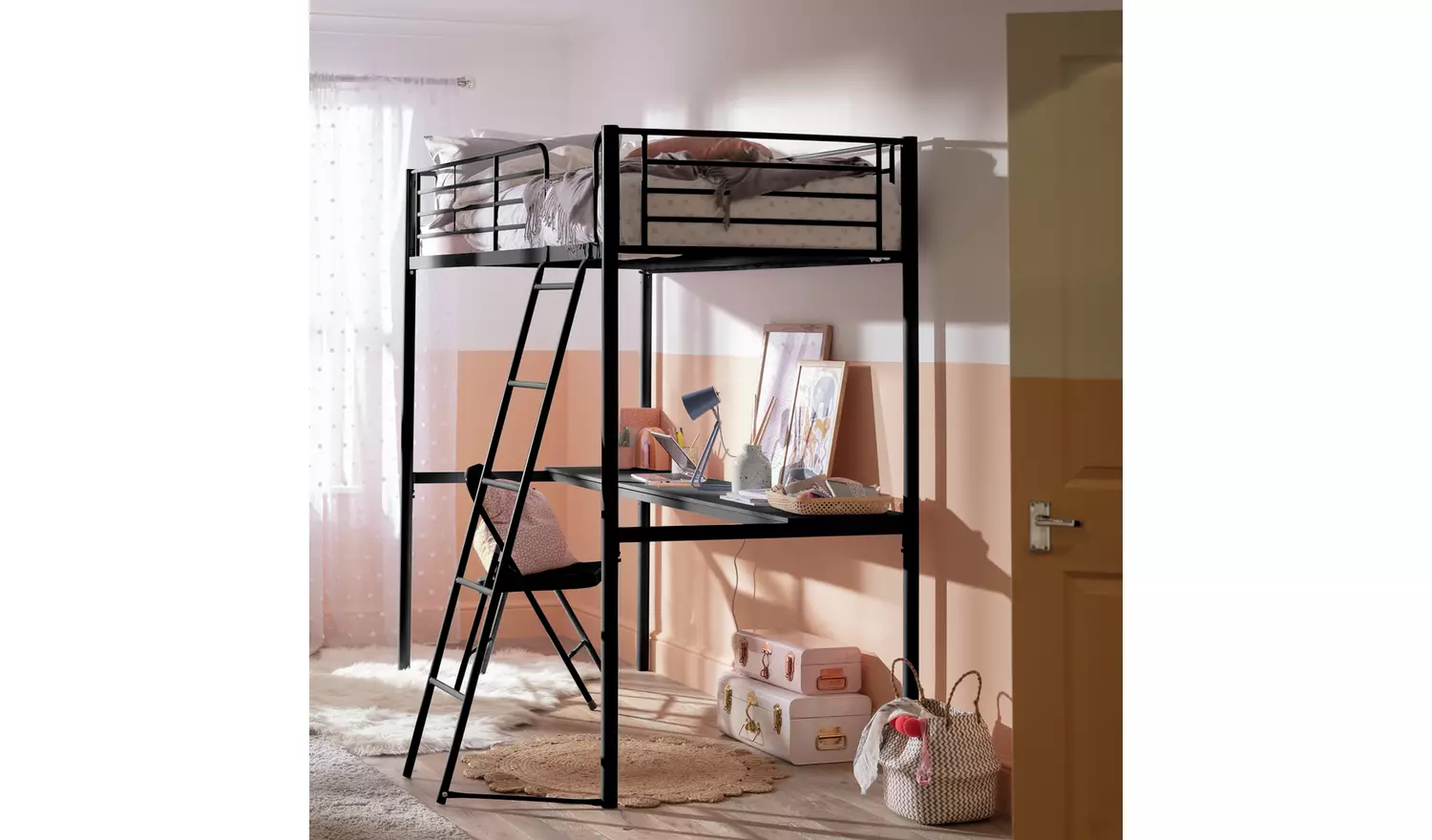 Habitat Riley High Sleeper Metal Bed Frame & Desk-Black