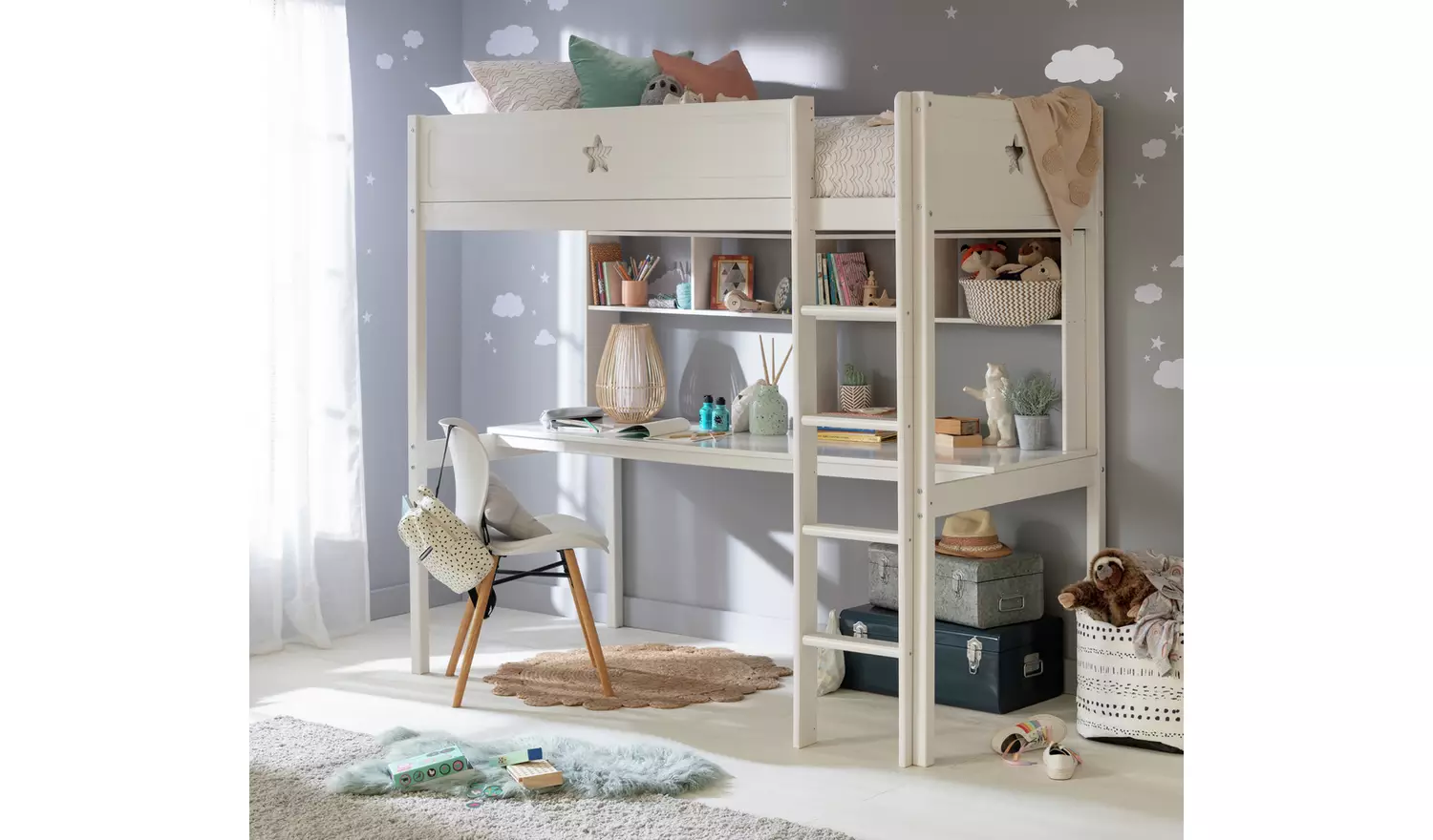 Habitat Stars High Sleeper Bed, Desk and Shelves -White