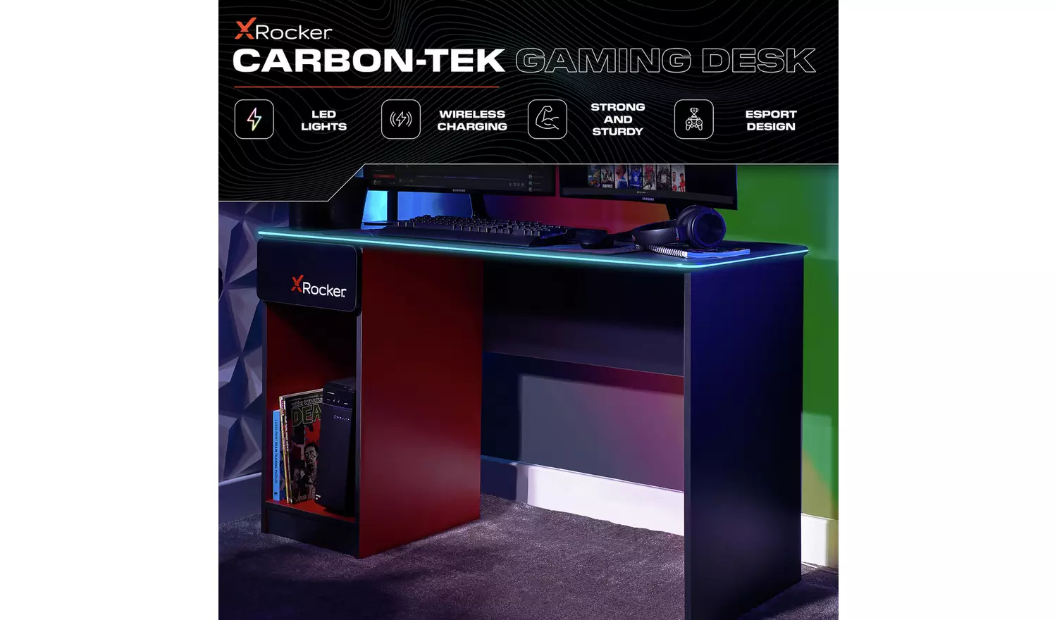 X Rocker Carbon Tek LED Gaming Desk - Black And Red