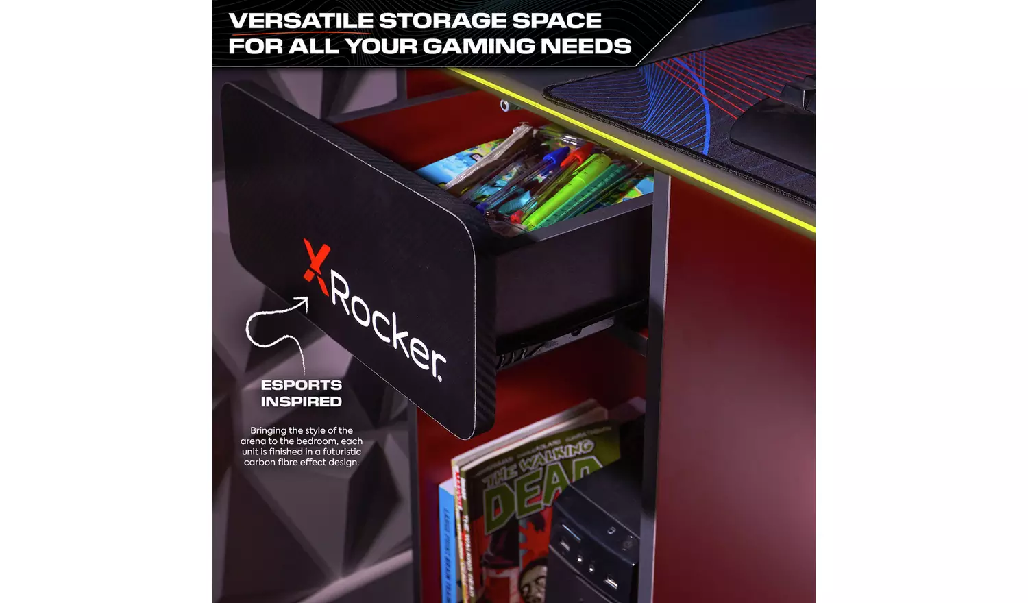 X Rocker Carbon Tek LED Gaming Desk - Black And Red