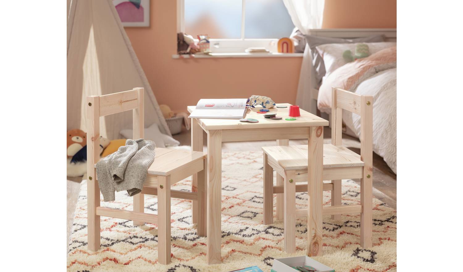 Argos Home Kids Scandinavia Solid Wood Table & 2 Chairs-Pine