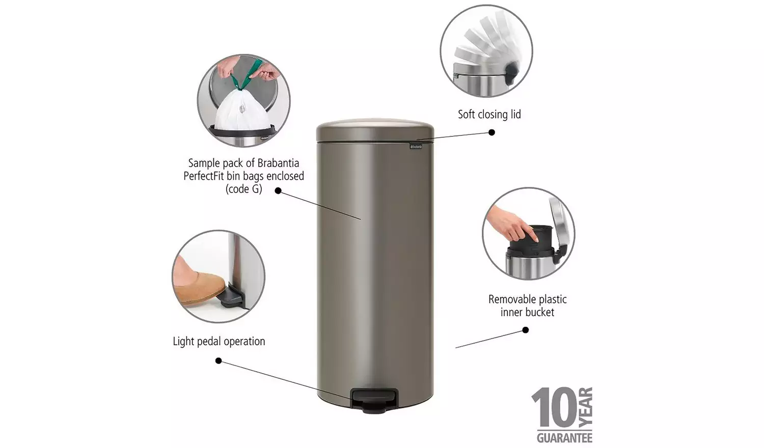 Brabantia 30L NewIcon Pedal Bin - Platinum