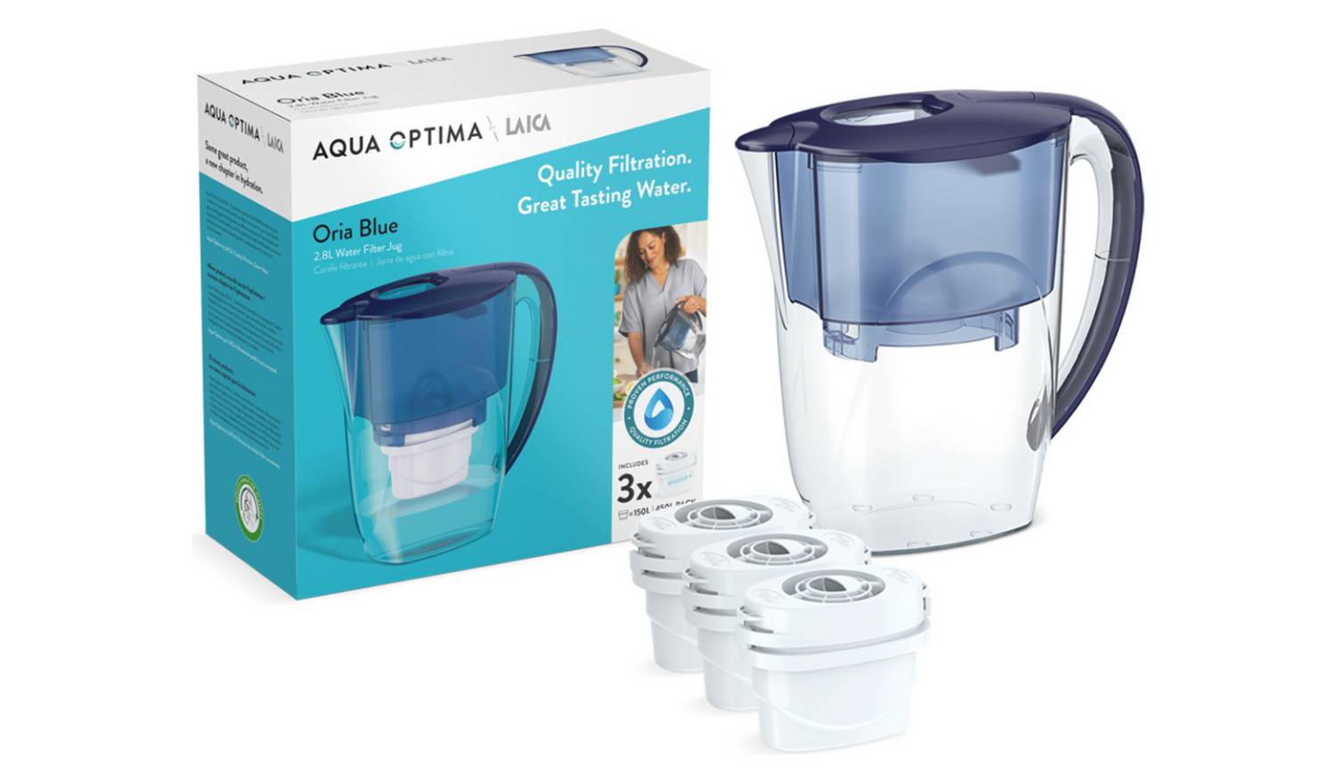 Aqua Optima Oria Water Filter Jug with 3 Filter Cartridges