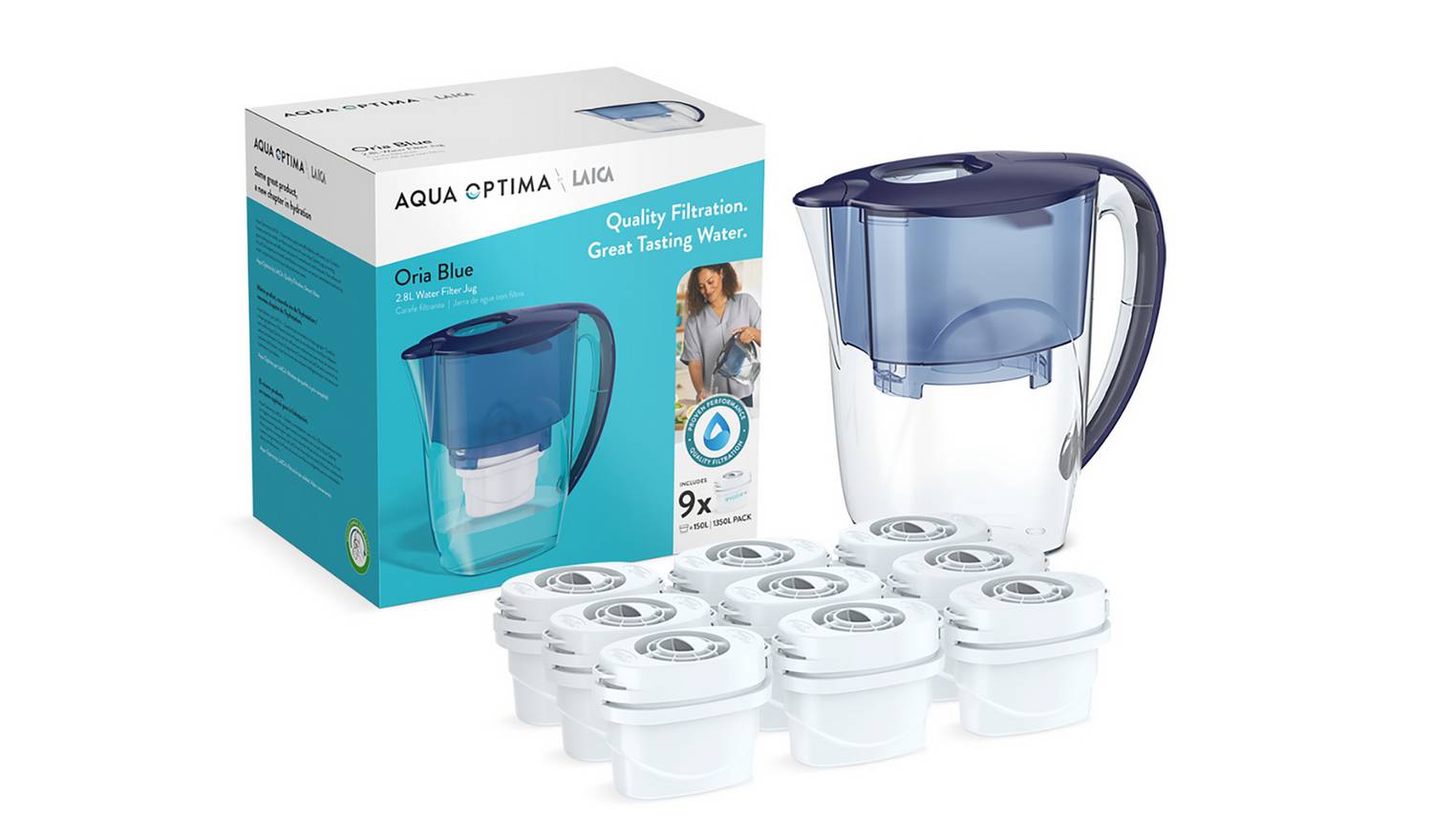 Aqua Optima Oria Water Filter Jug with 9 Filter Cartridges