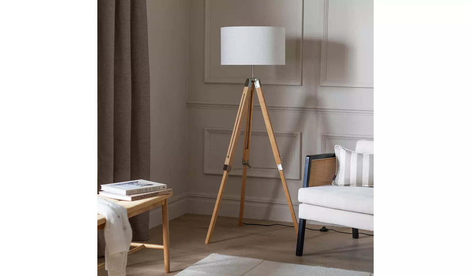 Habitat Lyle Rubber Wood Tripod Floor Lamp - Natural & Cream