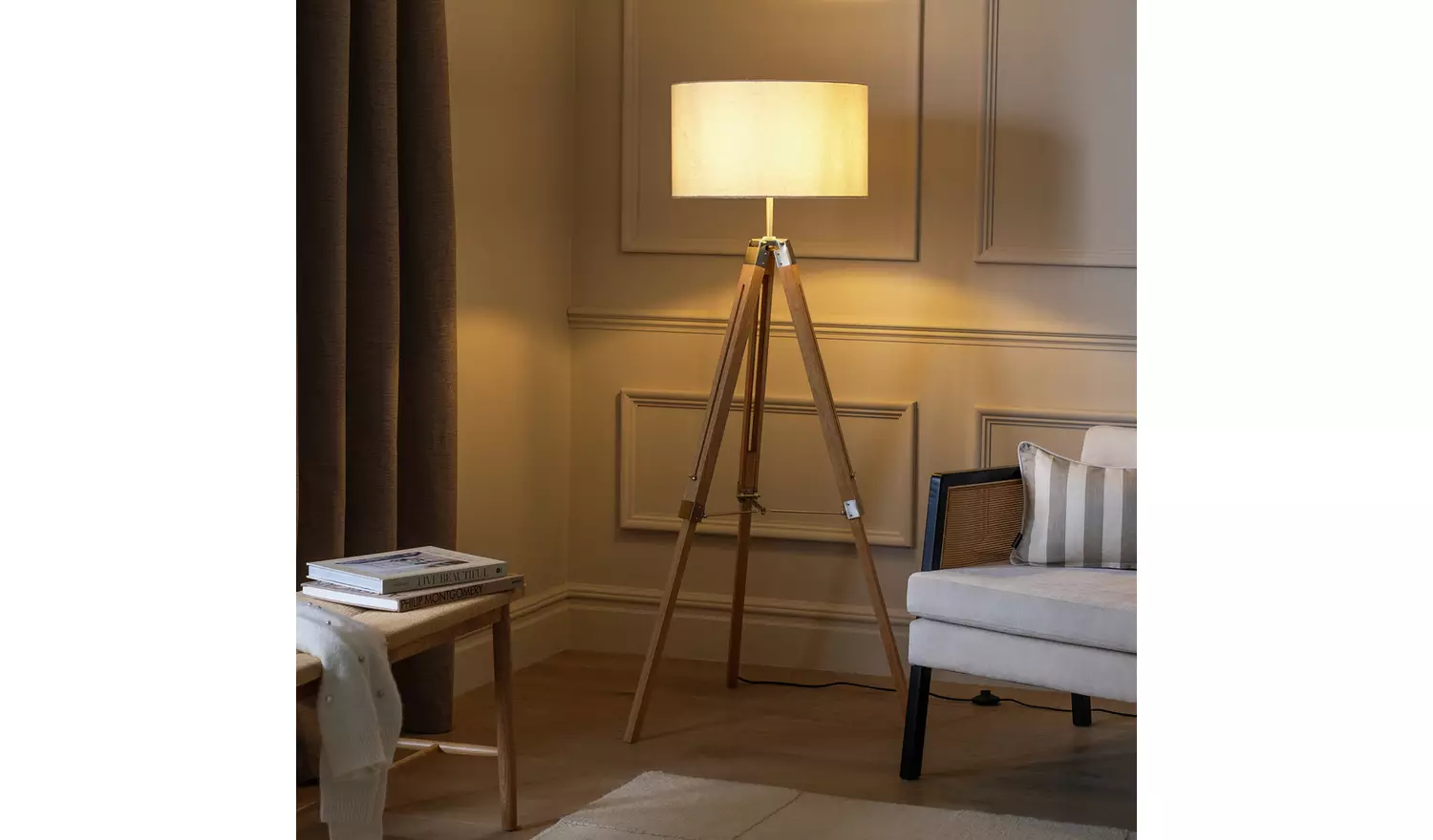 Habitat Lyle Rubber Wood Tripod Floor Lamp - Natural & Cream