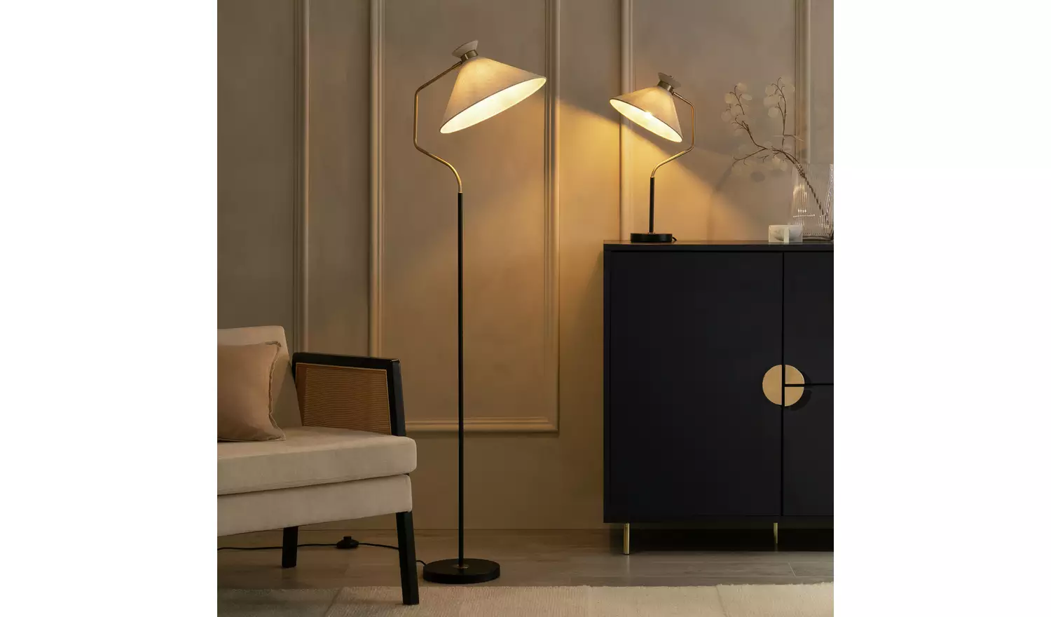 Habitat Bent Shaded Floor Lamp - Black & Gold