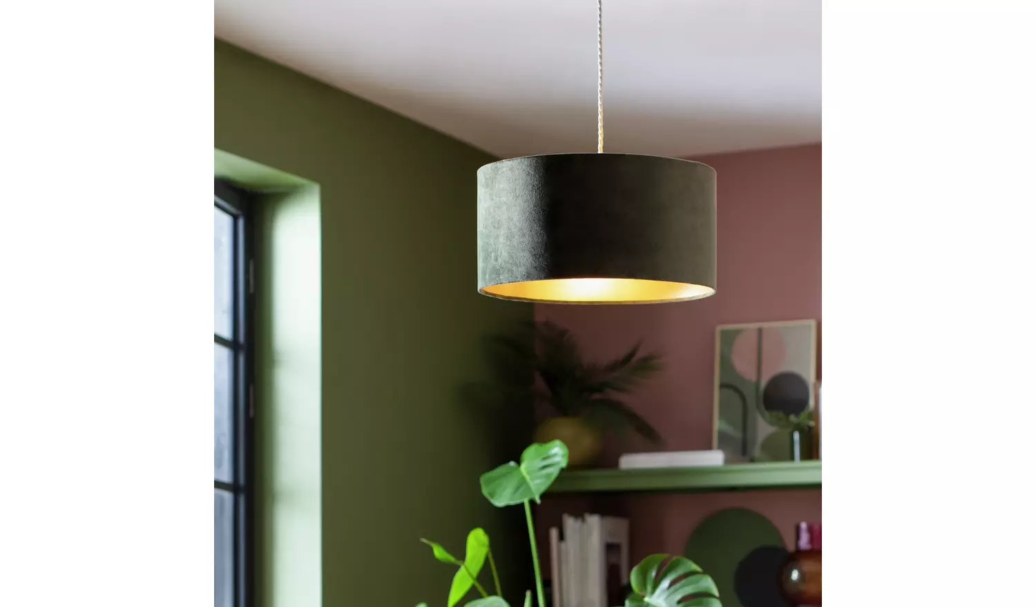 Habitat Green & Gold Velvet Easy Fit Drum Lampshade - 40cm