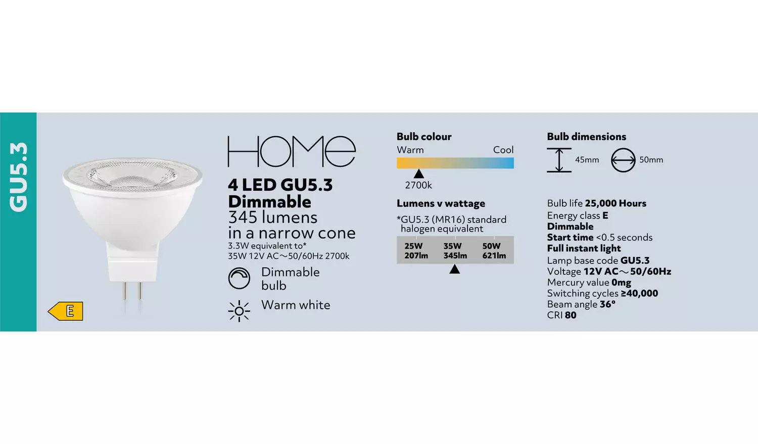 Argos Home 3.3W LED GU5.3 Dimmable Light Bulb - 4 Pack