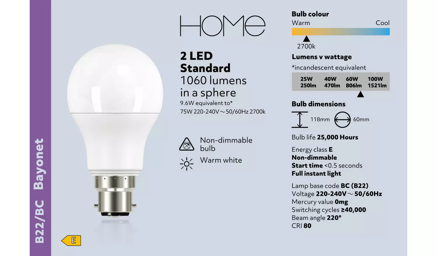 Argos Home 9.6W LED BC Light Bulb - 2 Pack