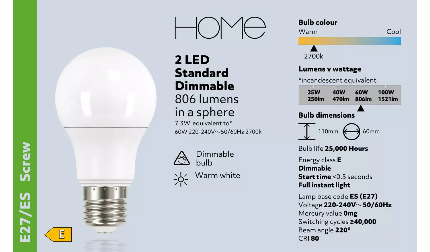 Argos Home 7.3W LED ES Dimmable Light Bulb - 2 Pack