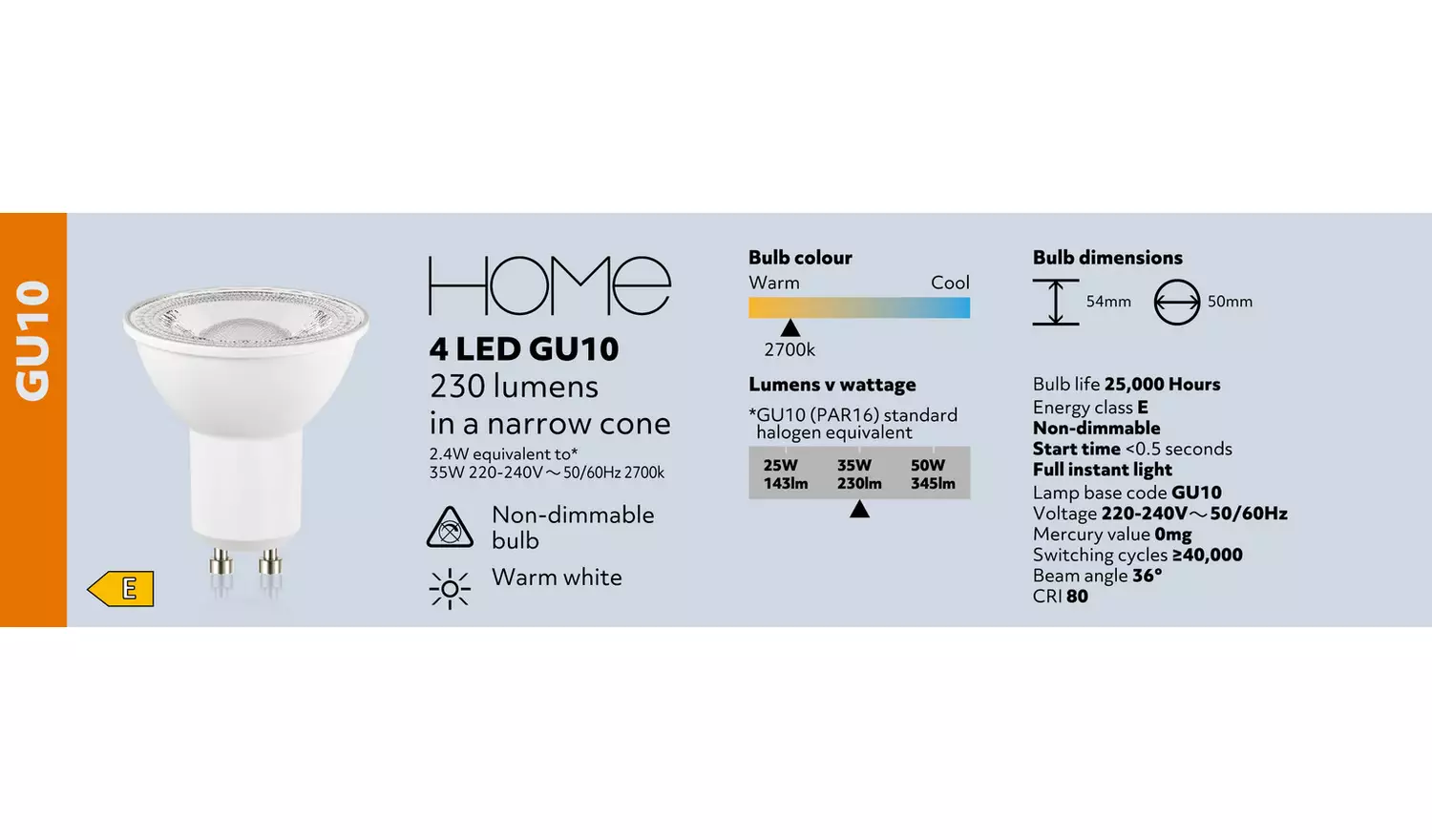 Argos Home 2.4W LED GU10 Light Bulb - 4 Pack