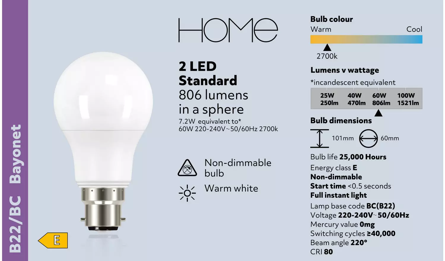 Argos Home 7.2W LED Classic BC Light Bulb - 2 Pack