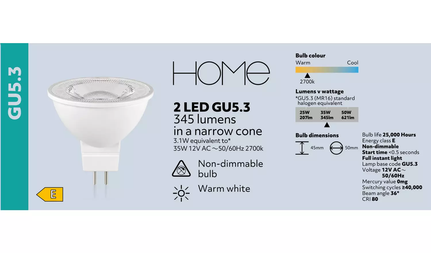 Argos Home 3.1W LED GU5.3 Light Bulb - 2 Pack