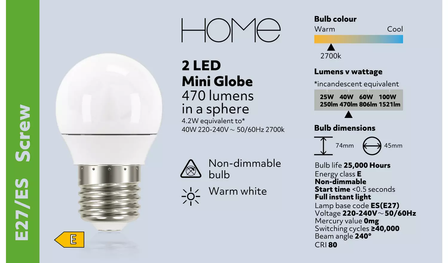 Argos Home 4.2W LED Mini Globe ES Light Bulb - 2 Pack
