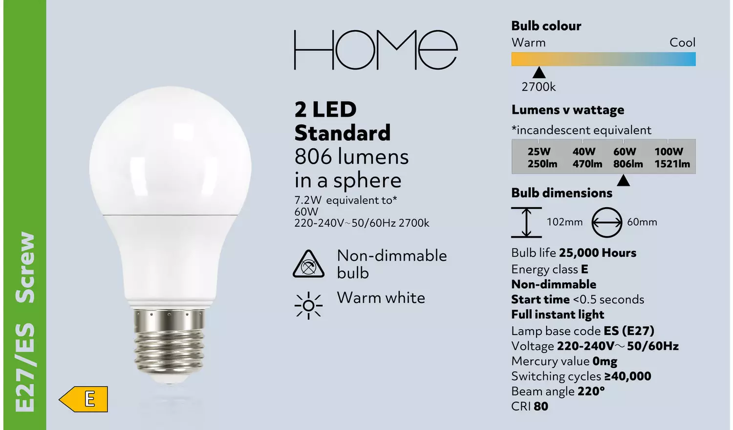 Argos Home 7.2W LED Classic ES Light Bulb - 2 Pack