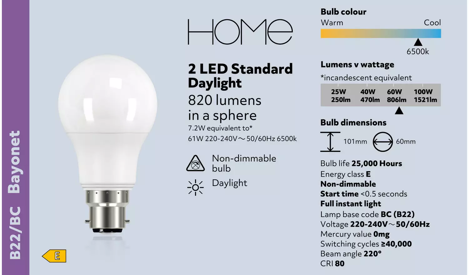 Argos Home 7.2W LED BC Light Bulb - 2 Pack