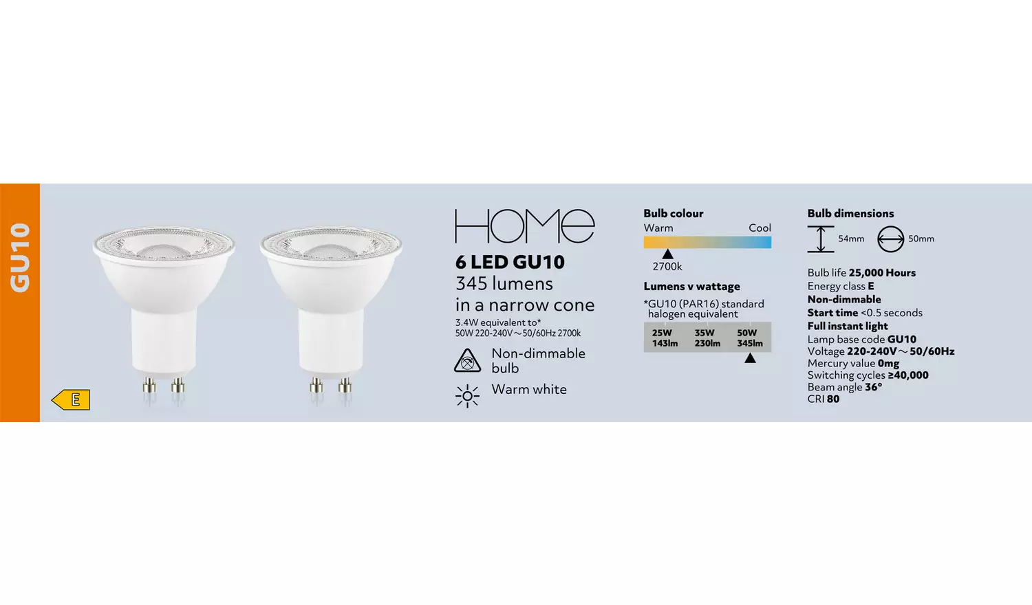 Argos Home 3.4W LED GU10 Light Bulb - 6 Pack