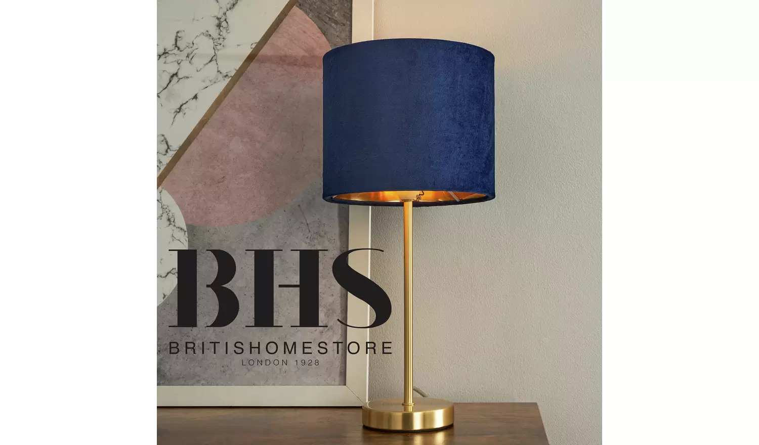 BHS Vera Velvet SteelTable Lamp - Navy & Brass