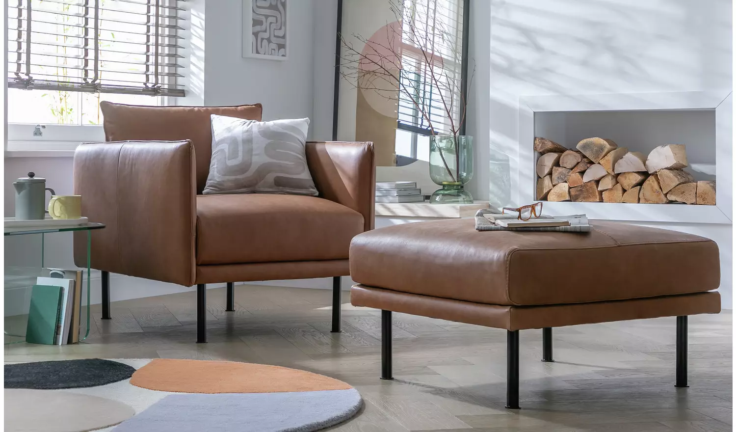 Habitat Moore Leather Footstool - Tan