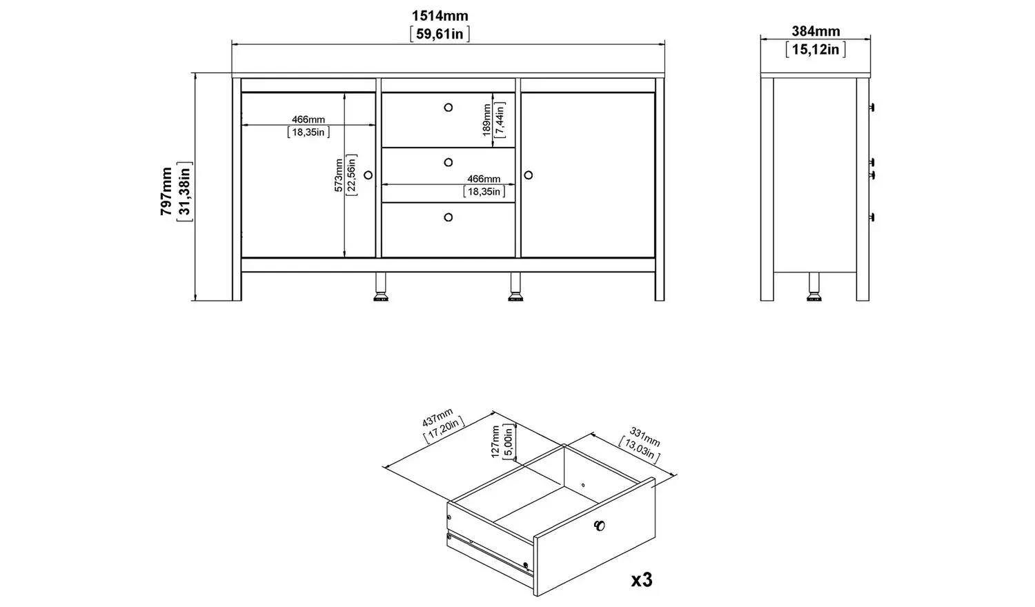 Tvilum Madrid 2 Door 3 Drawer Sideboard - White