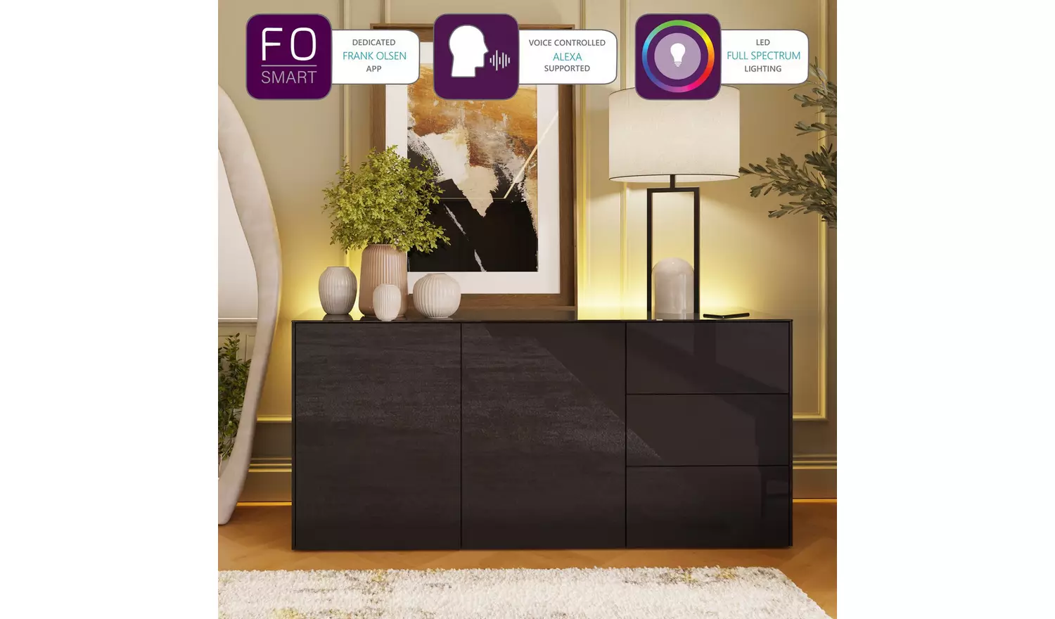 Frank Olsen Intel Smart 2 Door 3 Drawer Sideboard - Black
