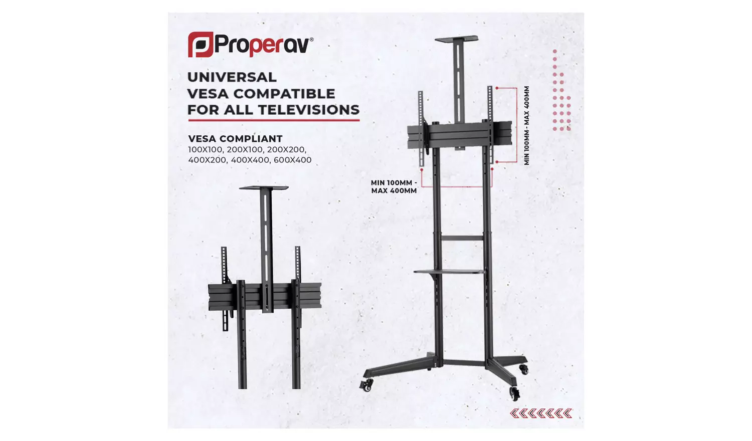 ProperAV Mobile TV Stand on Wheels Up to 70 Inch - Black